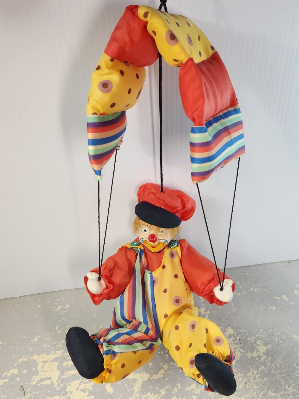 Vintage Parachute Clown Hanging Puppet Marionette Fabric Balloon Canopy